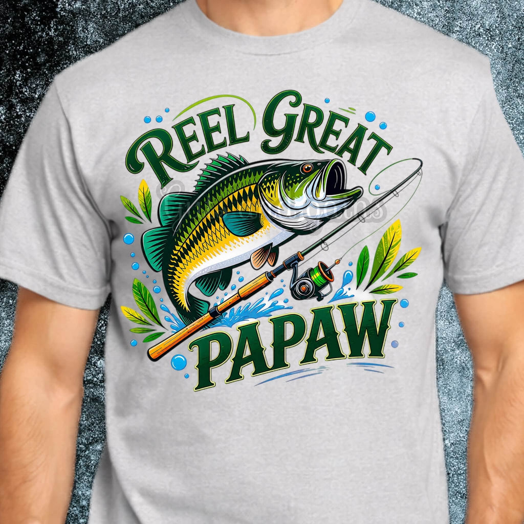 Reel Great Papaw T-Shirt - colorful bass fishing graphic on grey tee