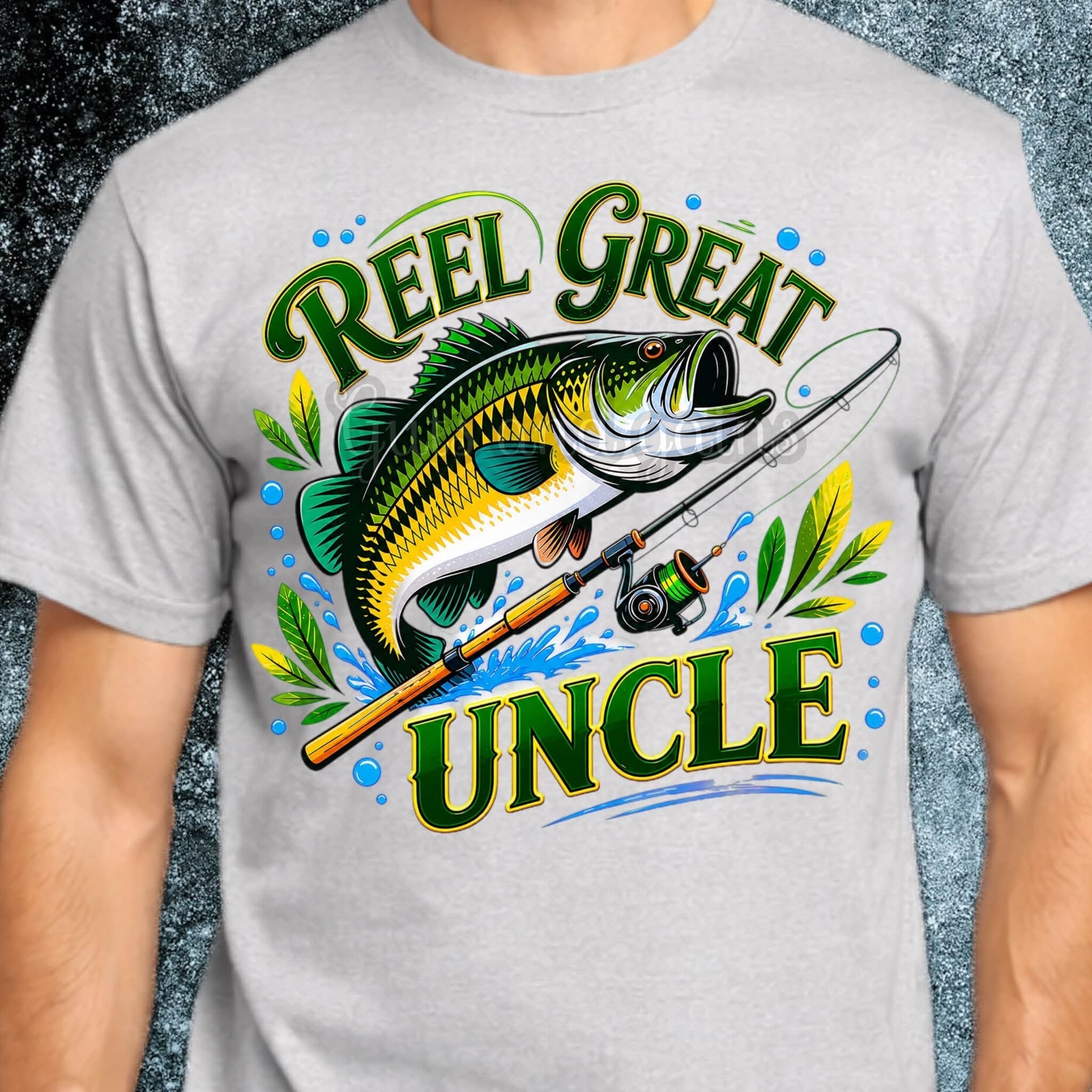 Reel Great Uncle T-Shirt - colorful bass fishing graphic on grey tee