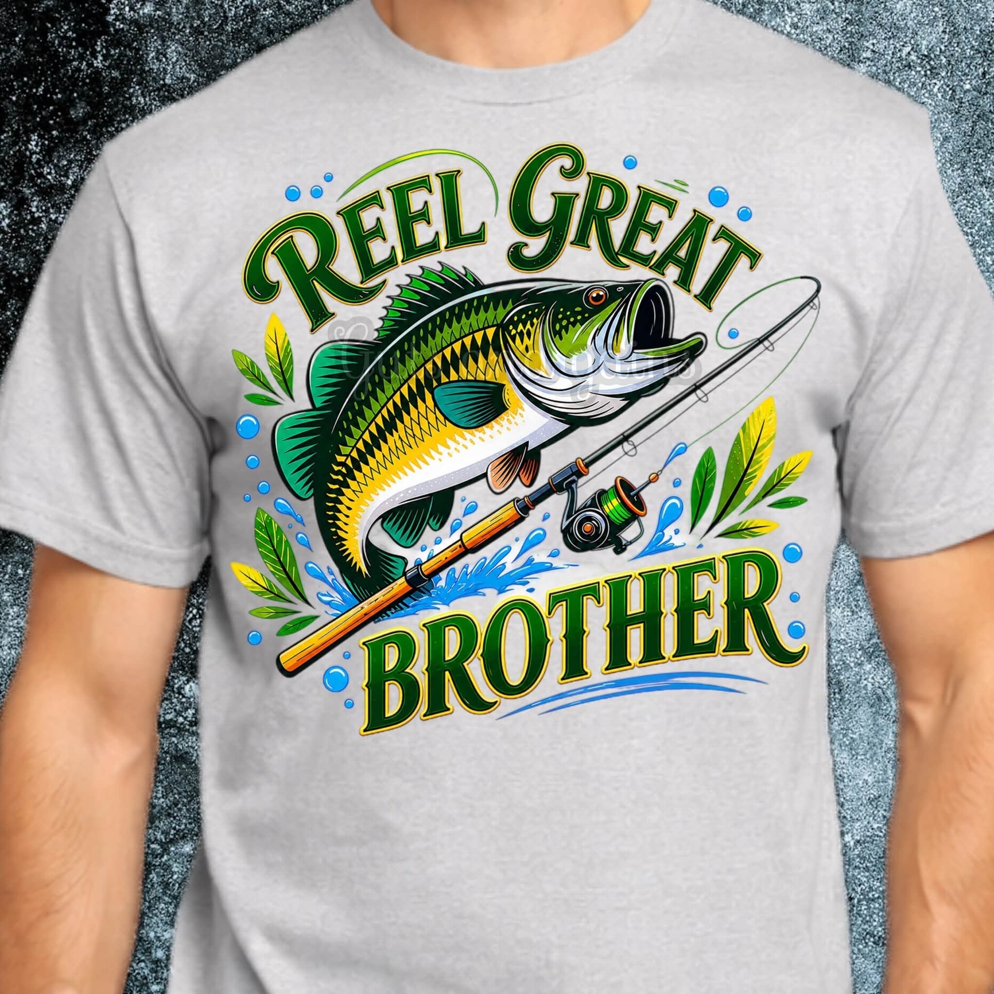 Reel Great Brother T-Shirt - colorful bass fishing graphic on grey tee