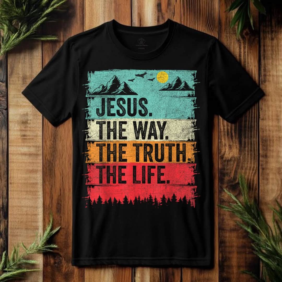 Jesus The Way The Truth The Life T-Shirt - vintage mountain design on black tee