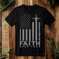 Faith Over Fear black t-shirt with distressed American flag and cross graphic