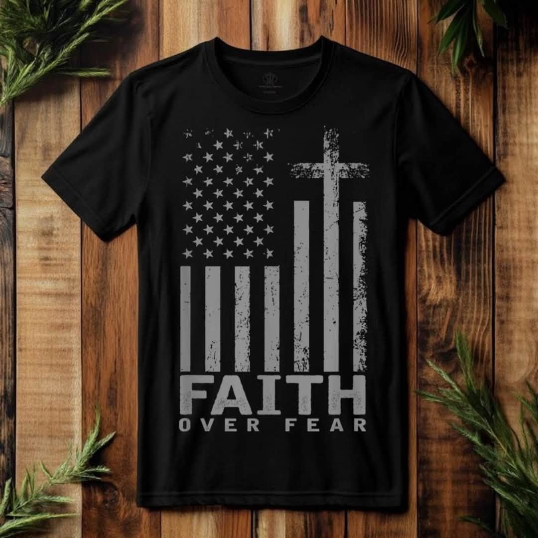 Faith Over Fear black t-shirt with distressed American flag and cross graphic