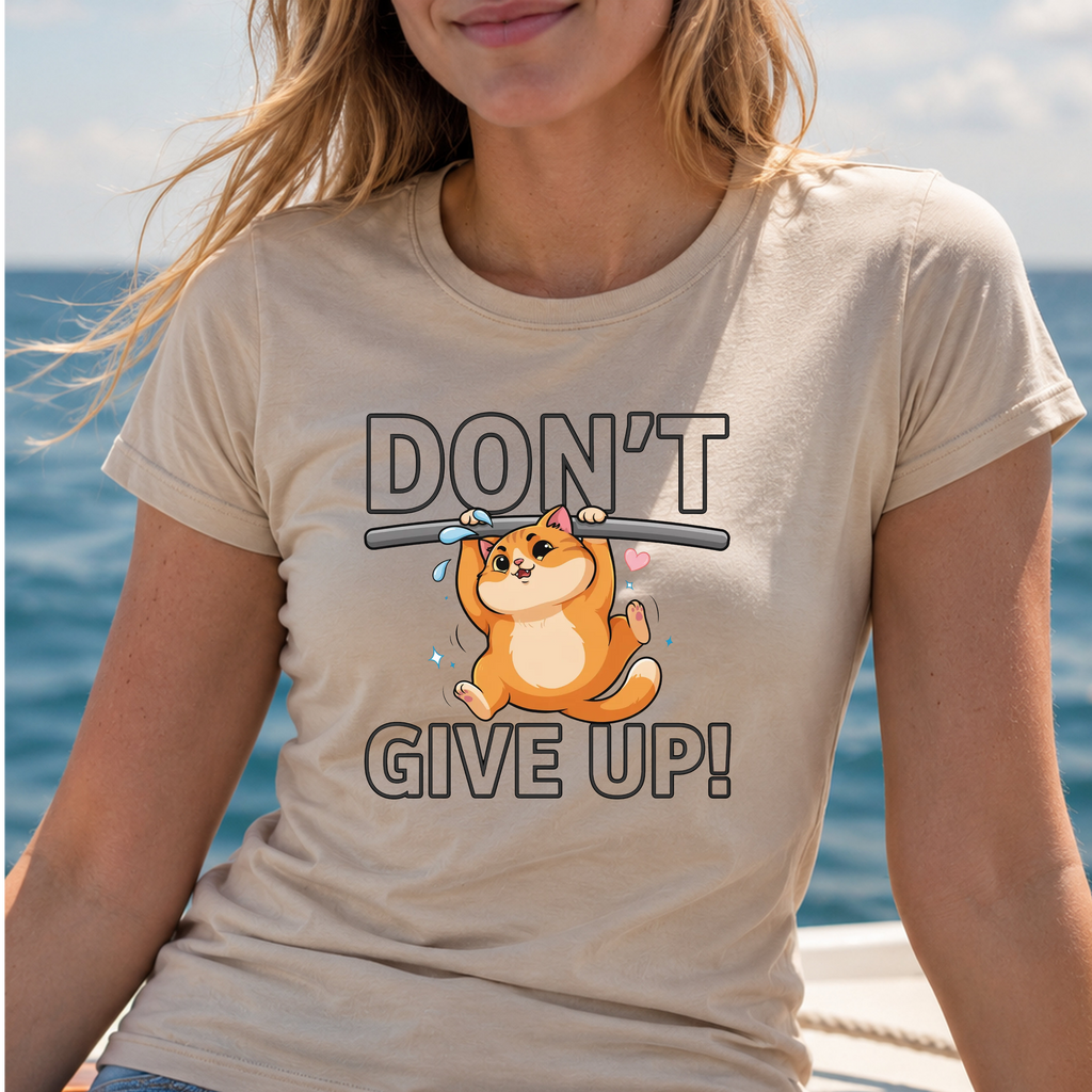 Don't Give Up t-shirt with cute cat hanging on a bar graphic