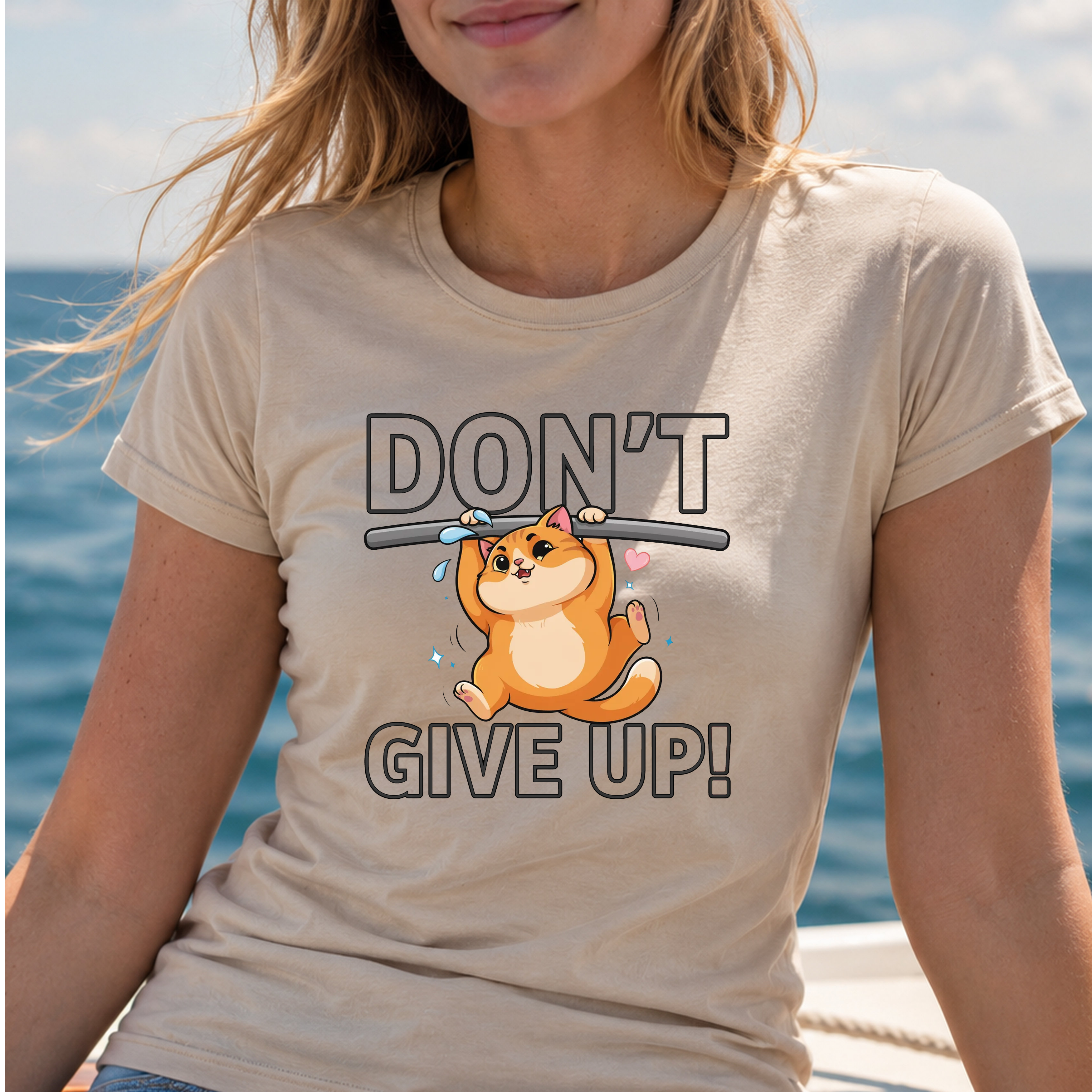 Don't Give Up t-shirt with cute cat hanging on a bar graphic