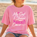 My God Is Stronger Than Breast Cancer pink t-shirt with butterfly and ribbon design