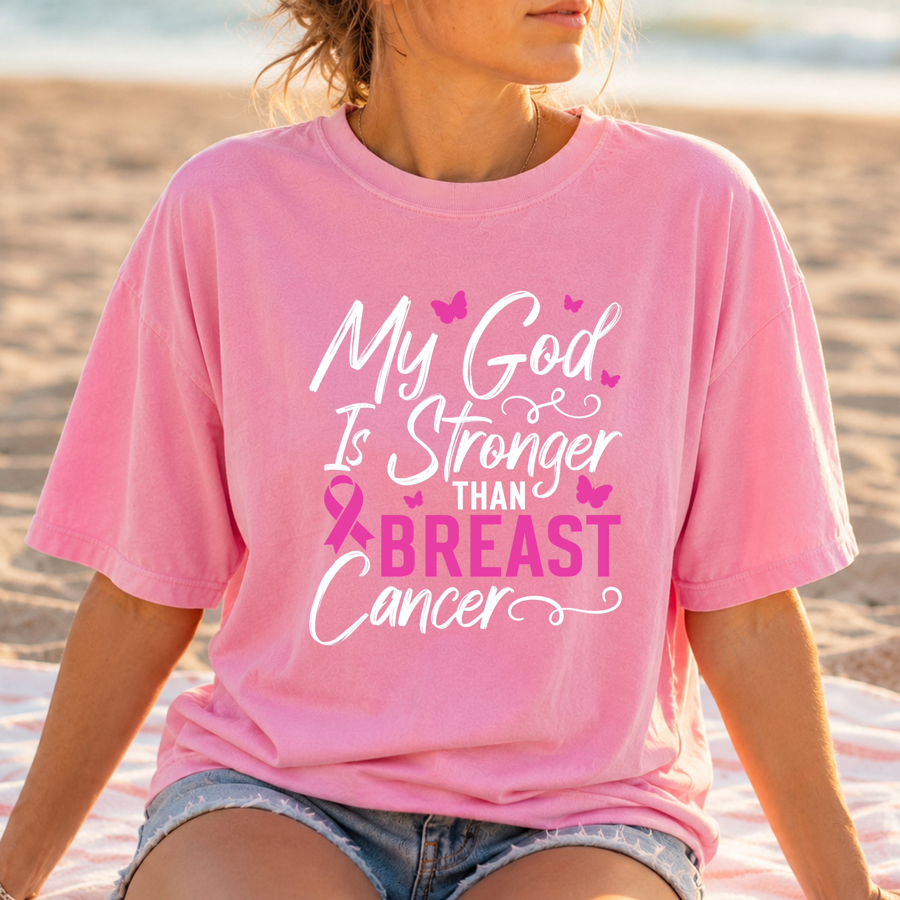 My God Is Stronger Than Breast Cancer pink t-shirt with butterfly and ribbon design