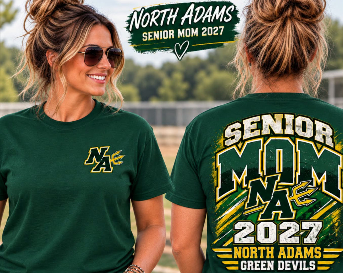 North Adams Green Devils Senior Mom 2027 forest green graphic t-shirt front and back