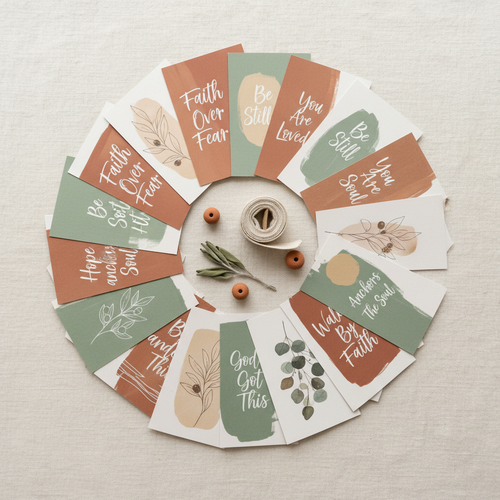 Fan of printable encouragement cards with faith-based phrases in warm earthy tones